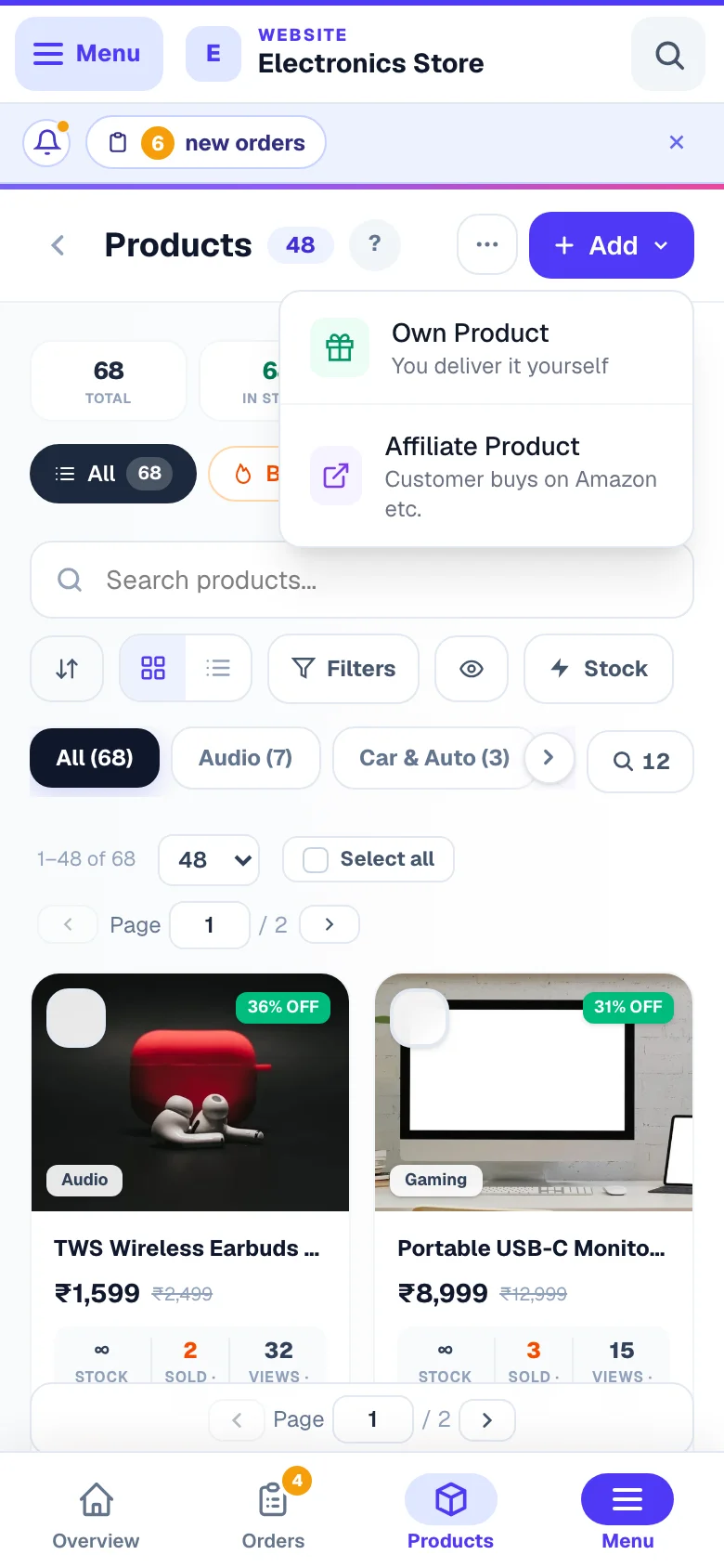 Your own product, or one you earn commission on. — phone view