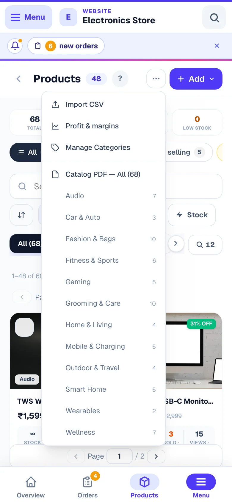 The More menu — bulk import, export and the other batch tools. — phone view
