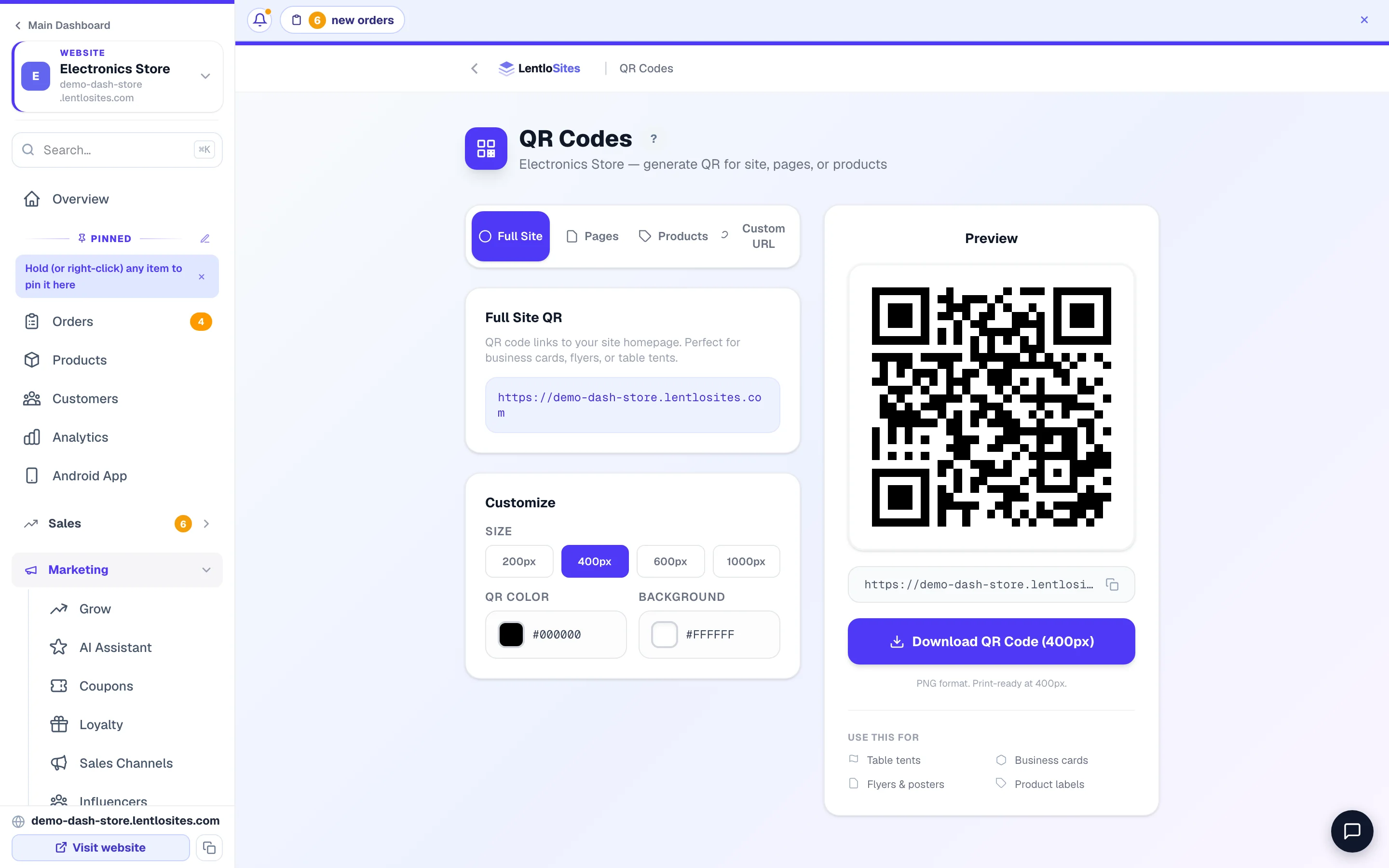 QR codes for your site, a page, or a single product.