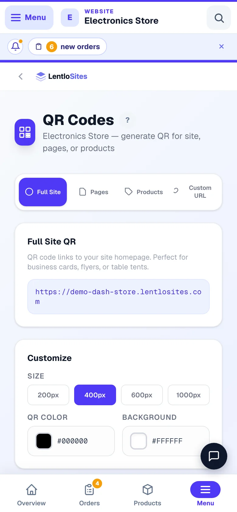 QR codes for your site, a page, or a single product. — phone view