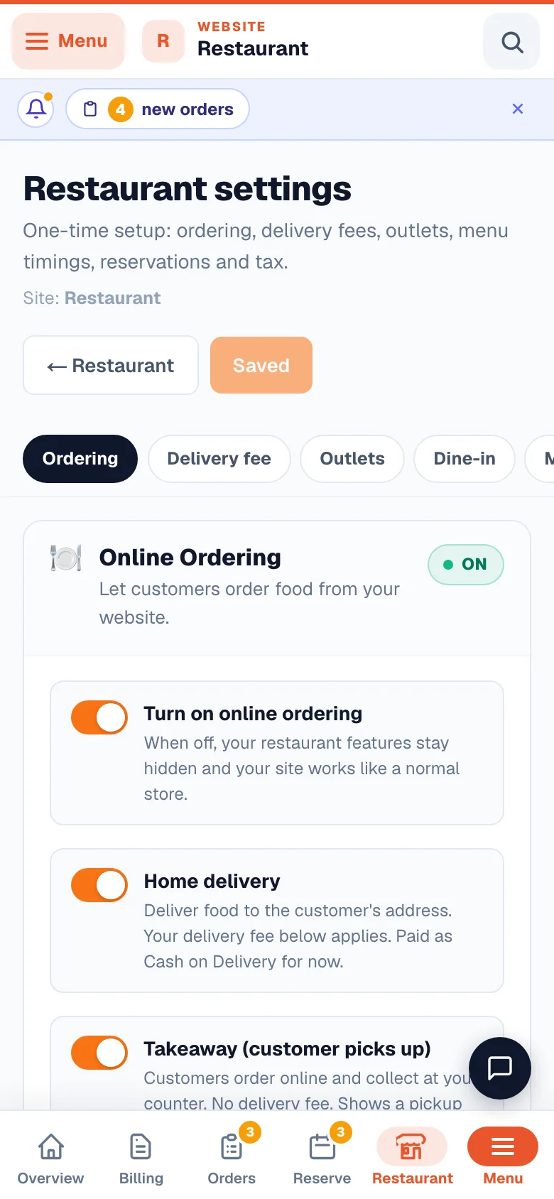 Online ordering: delivery, takeaway and dine-in switches. — phone view