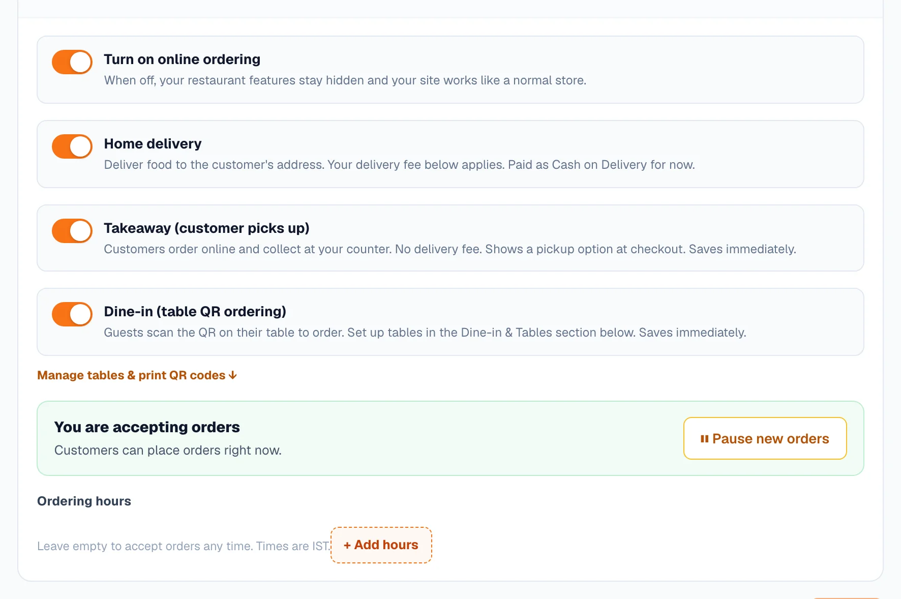 Pause new orders instantly during a rush or a closure.
