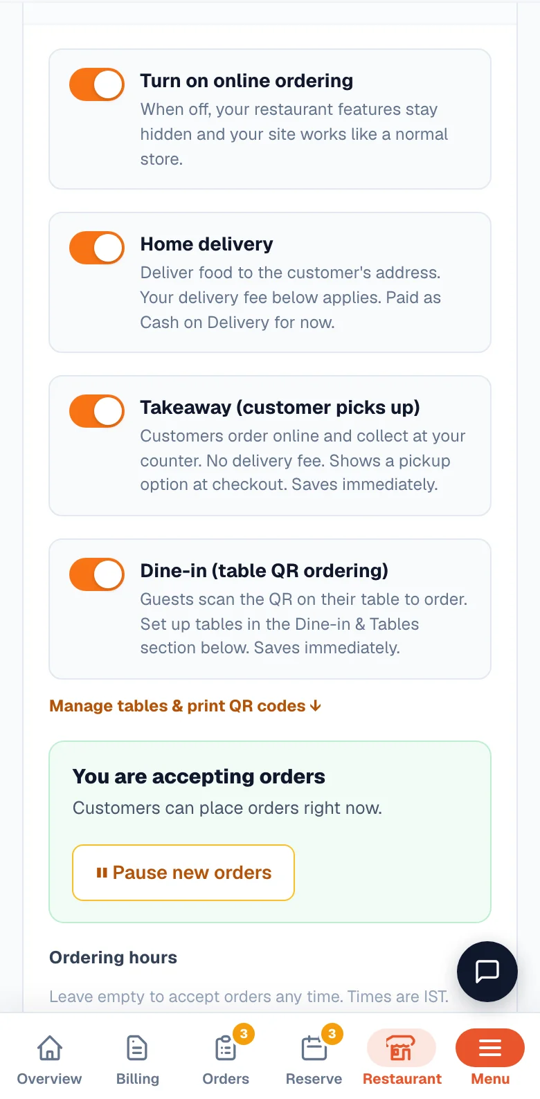 Pause new orders instantly during a rush or a closure. — phone view