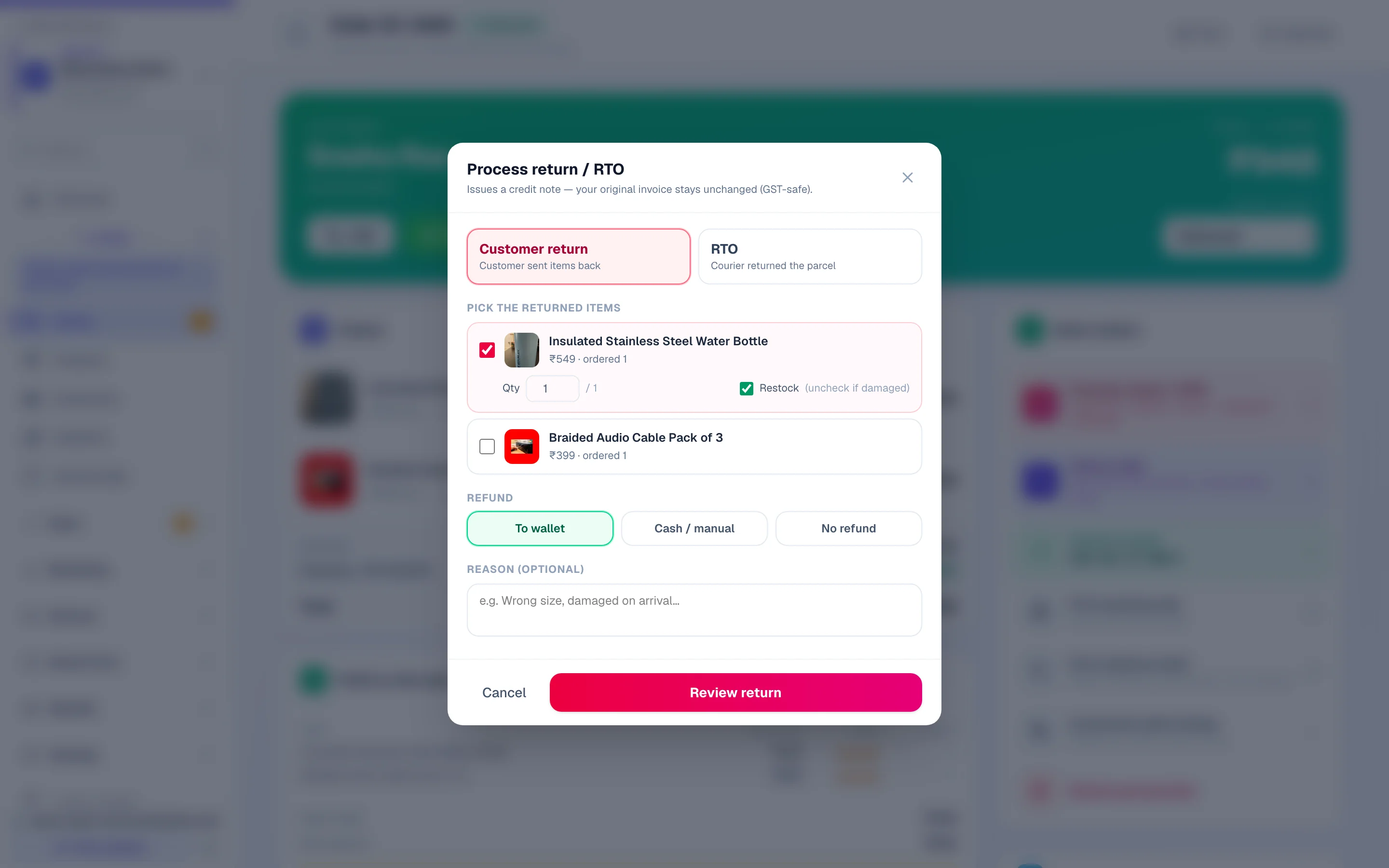The return: customer return or RTO, the lines coming back with a quantity each, a Restock tick you untick for anything damaged, and how the money goes back.