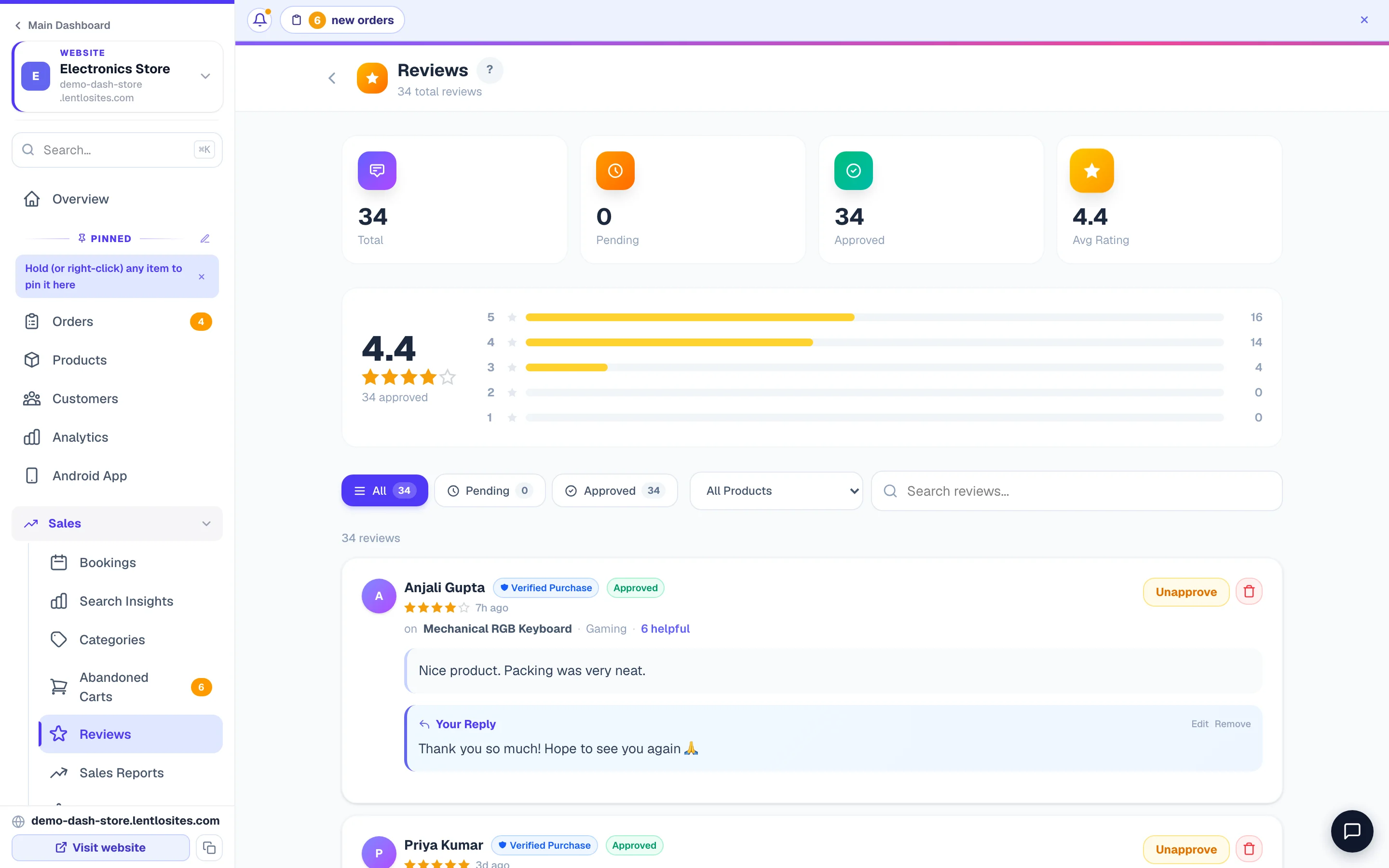 Reviews waiting for you to approve, and the ones already live.