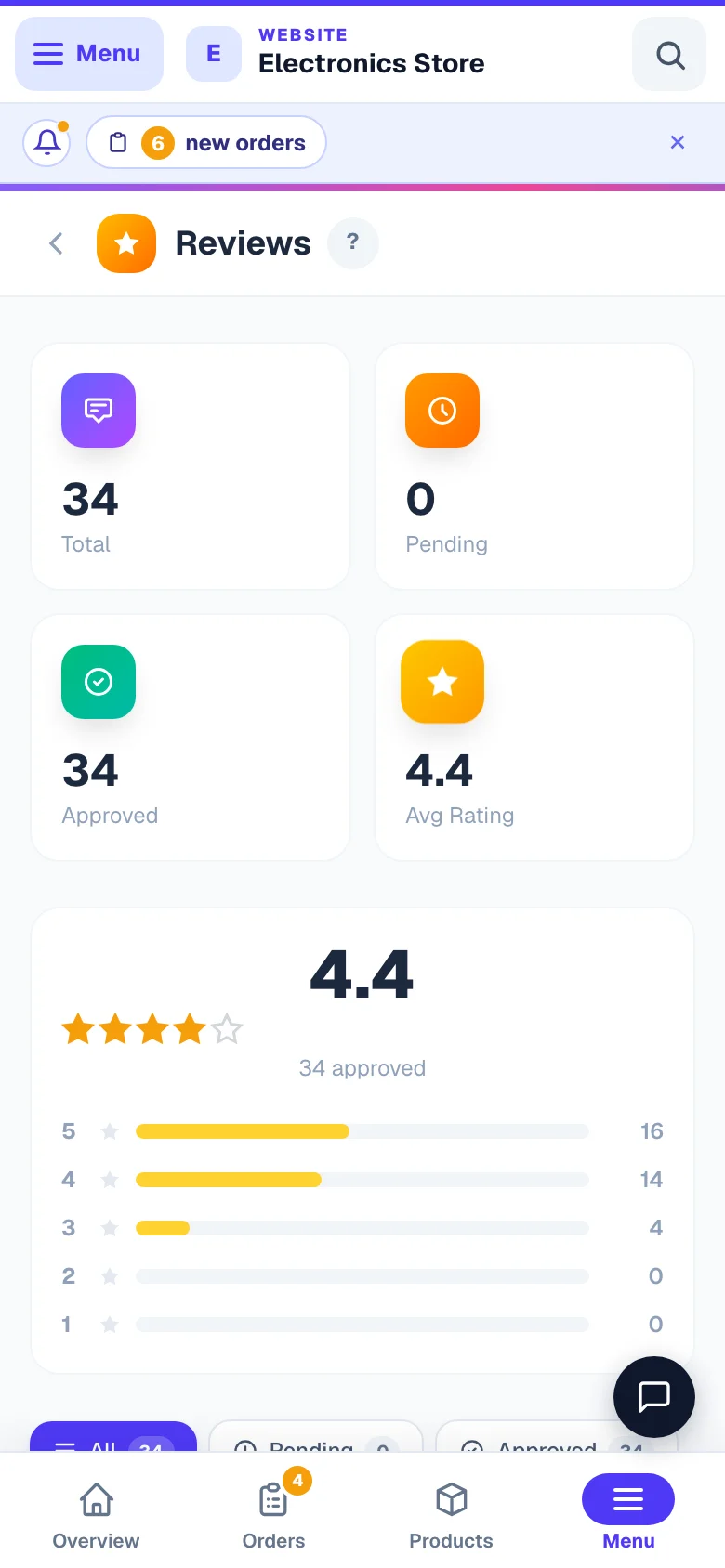 Reviews waiting for you to approve, and the ones already live. — phone view