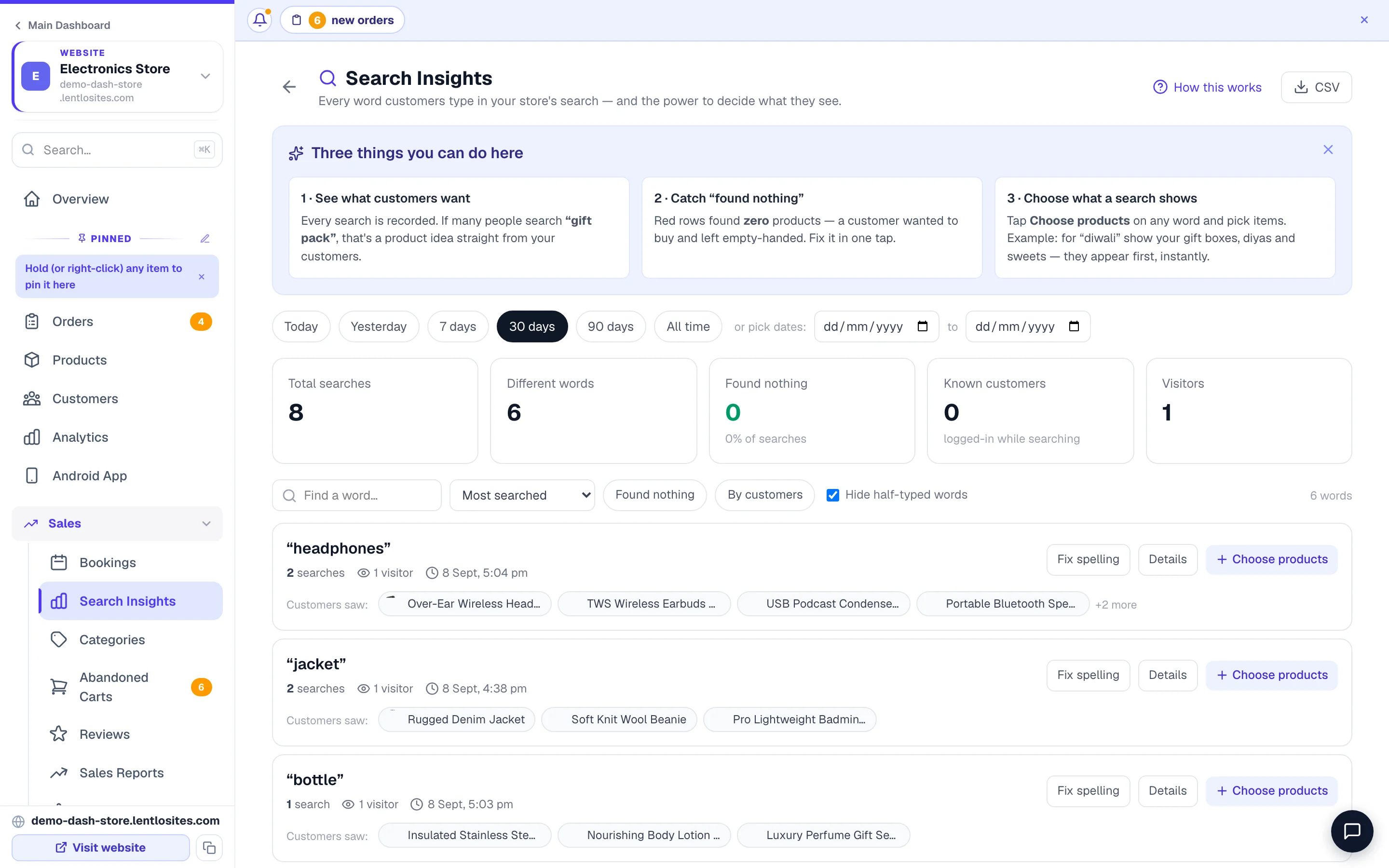 What customers typed into your search box — including what found nothing.