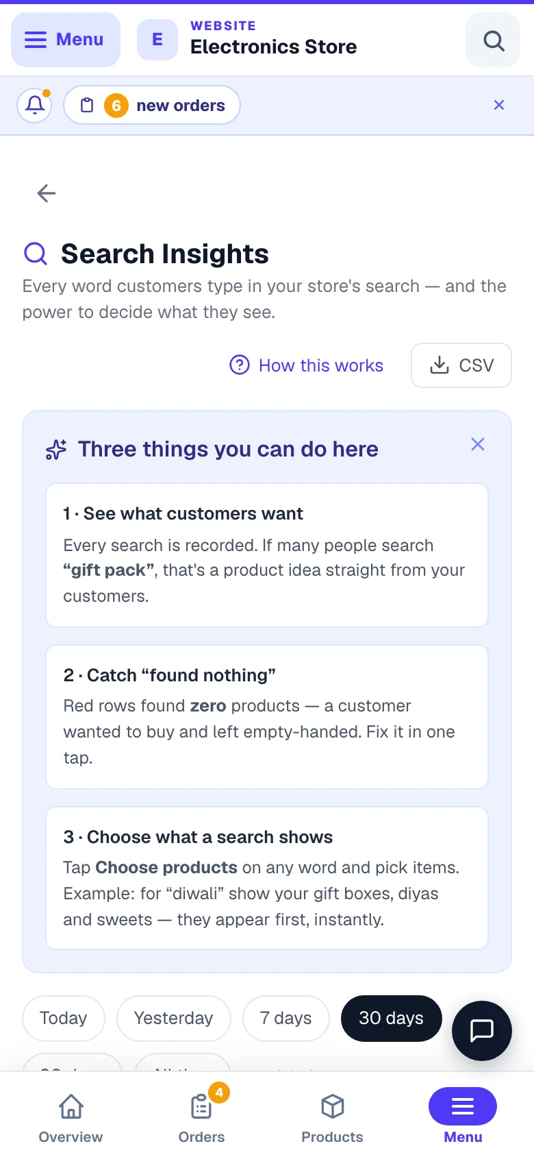 What customers typed into your search box — including what found nothing. — phone view