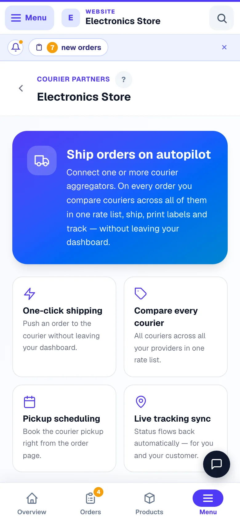 Connect a courier and book pickups from the order itself. — phone view