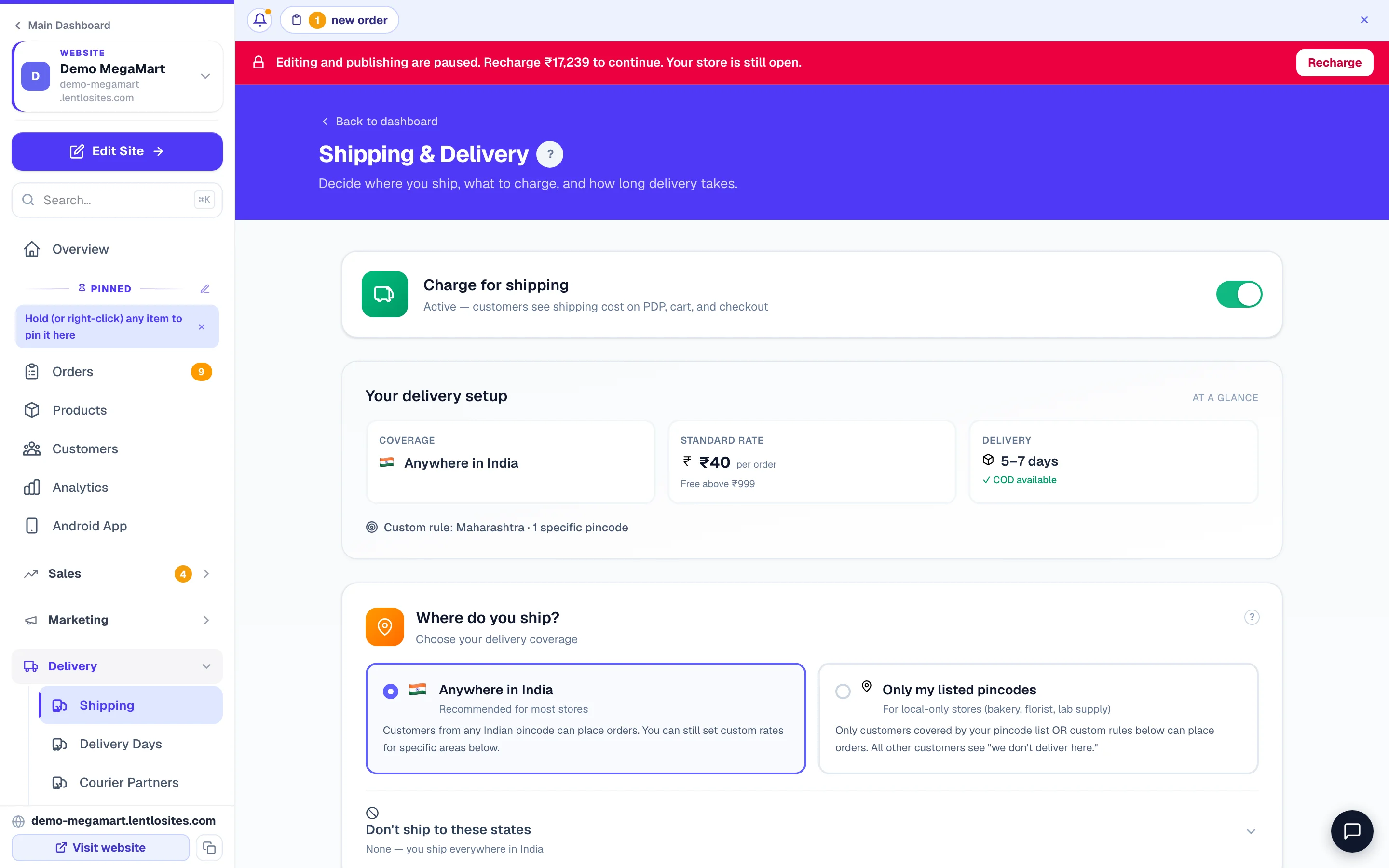 Shipping & Delivery — where you ship, what you charge, how long it takes.