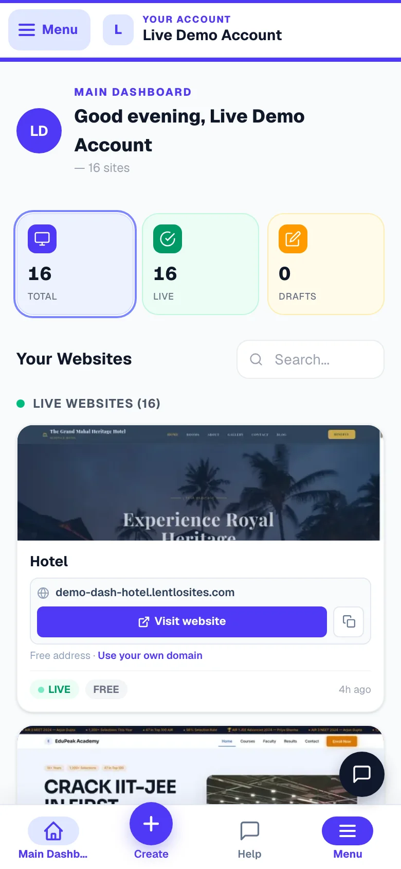Your dashboard the moment you sign in: every website you own, in one list. — phone view