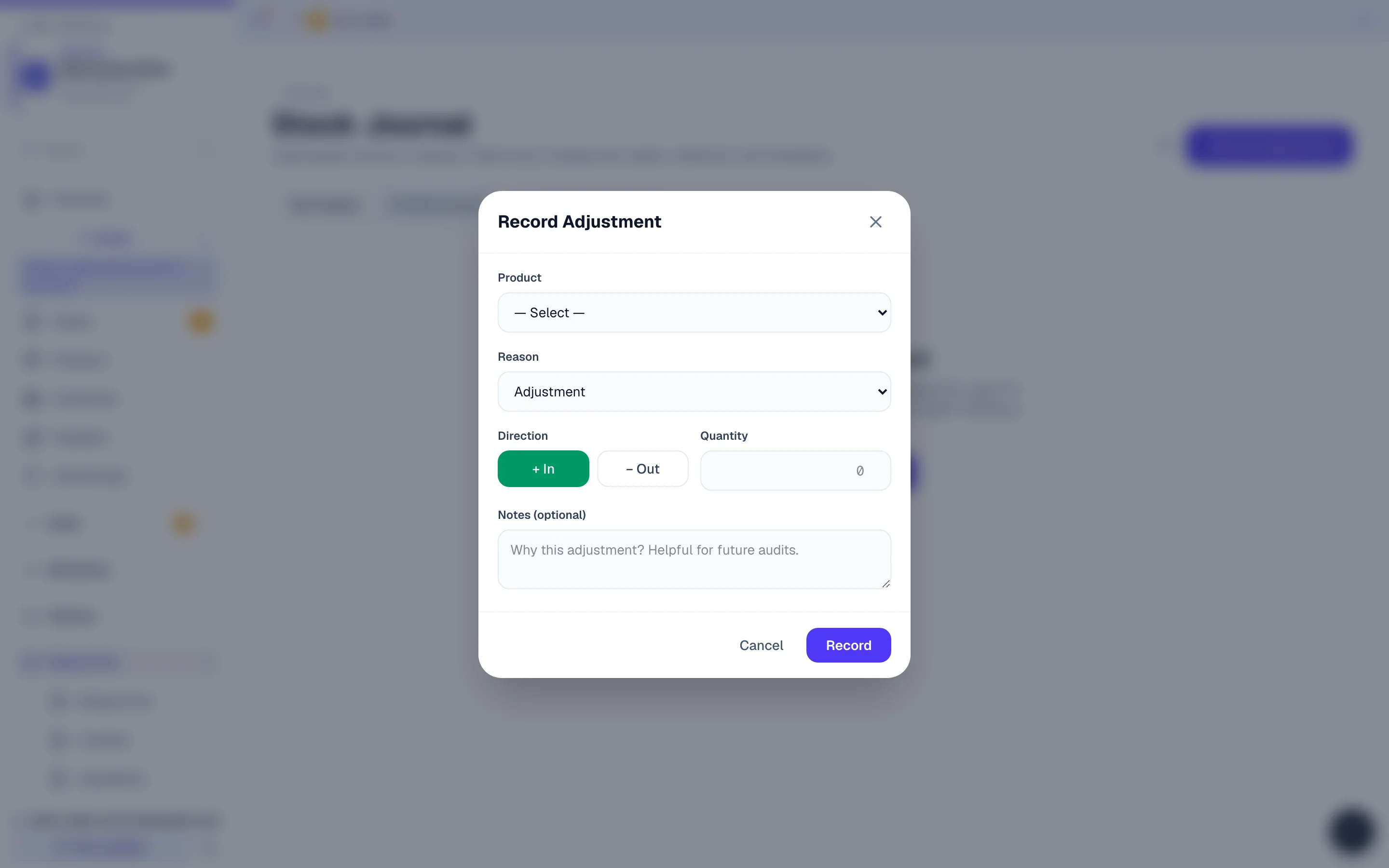 Recording a movement yourself: the product, the reason, whether it came in or went out, how many — and the note that explains the number six months later.