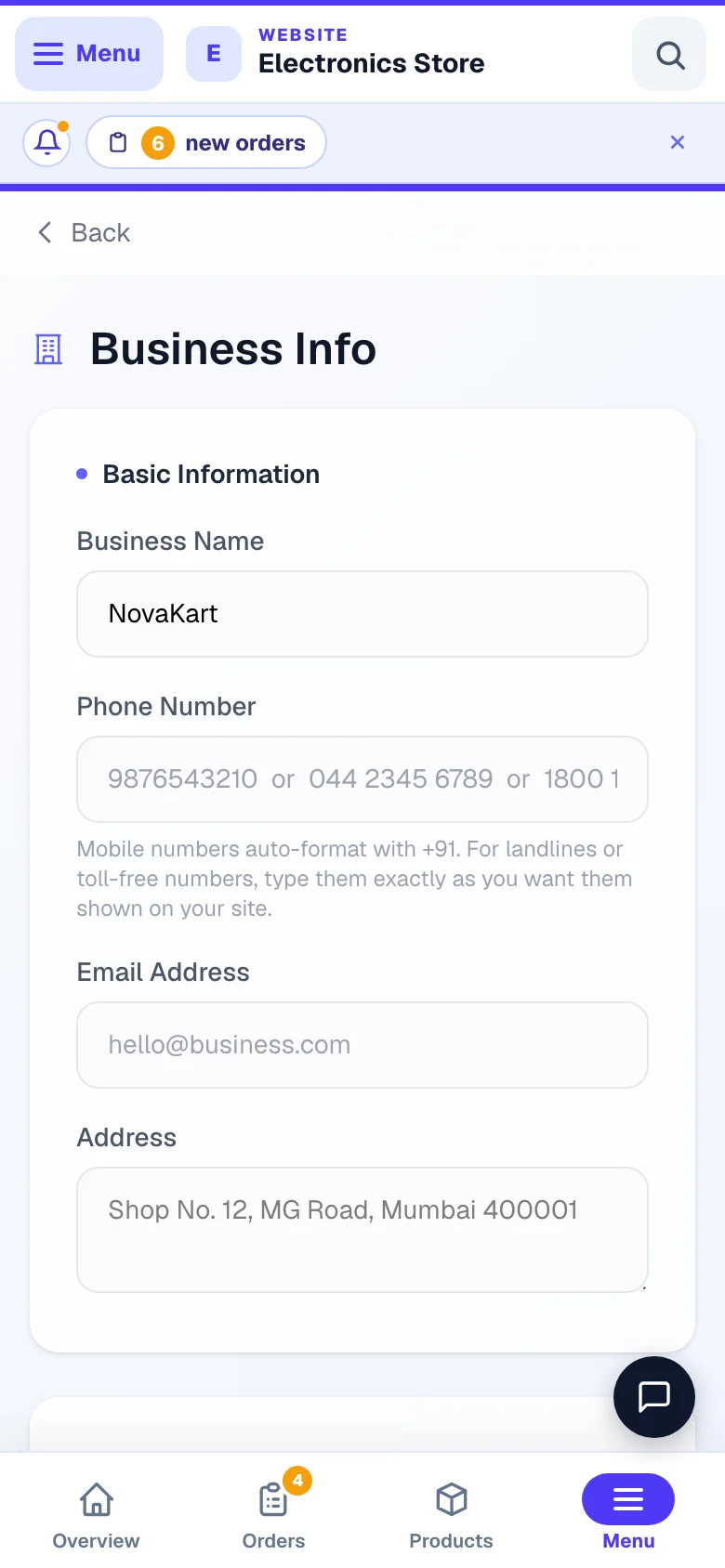 Business Info — the phone, email and address your whole site uses. — phone view