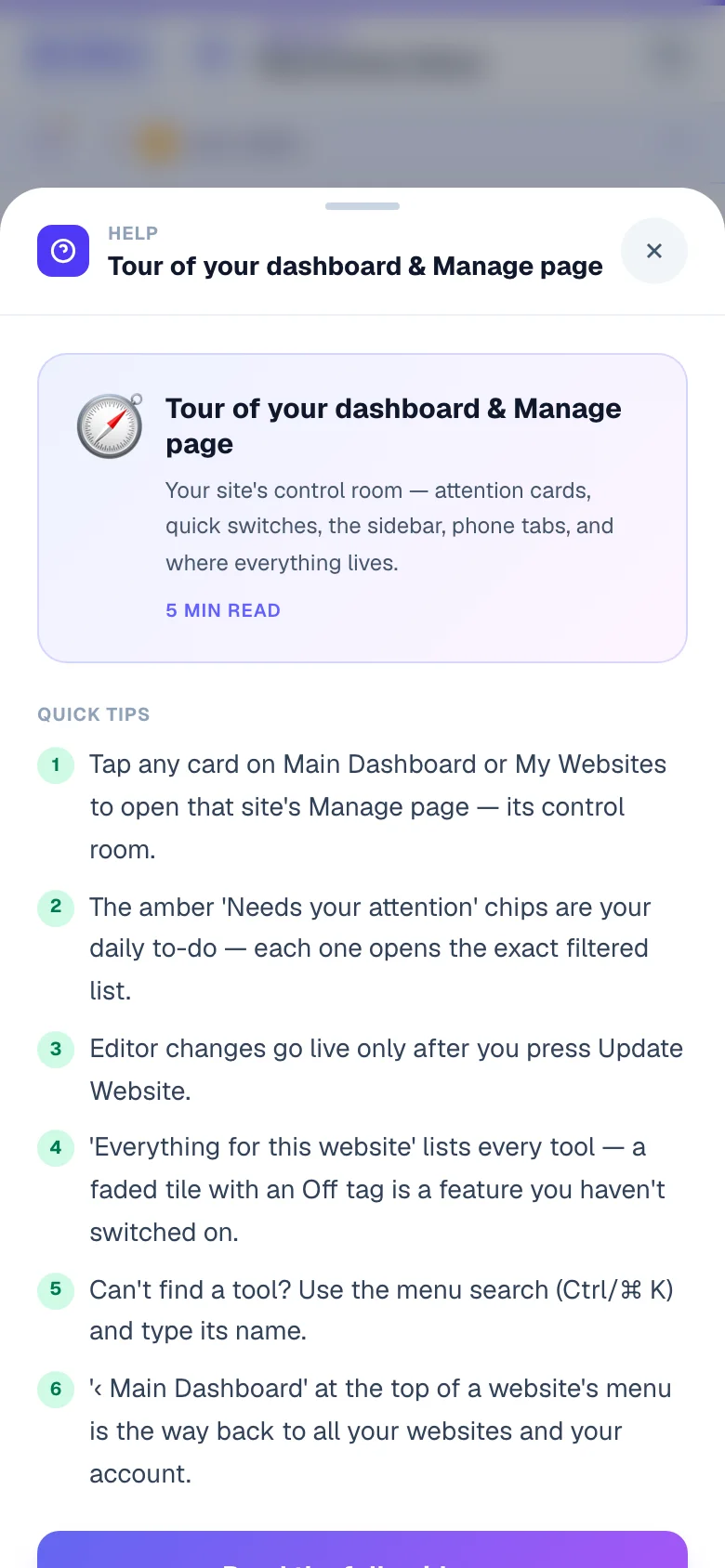 The ? button on any page opens help written for that page. — phone view