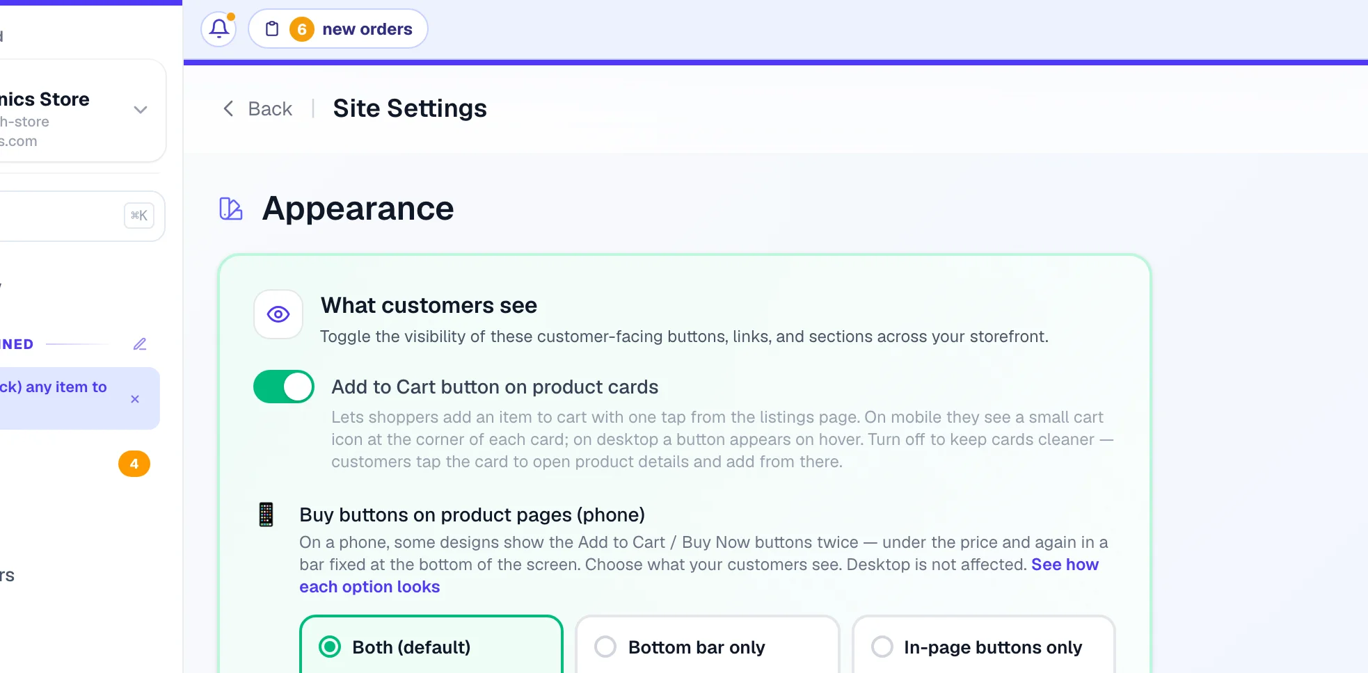 Appearance → What customers see: one switch per link.