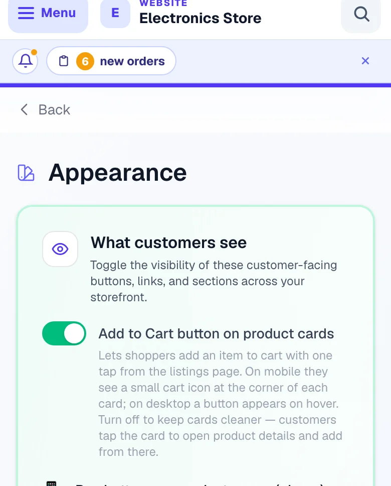 Appearance → What customers see: one switch per link. — phone view