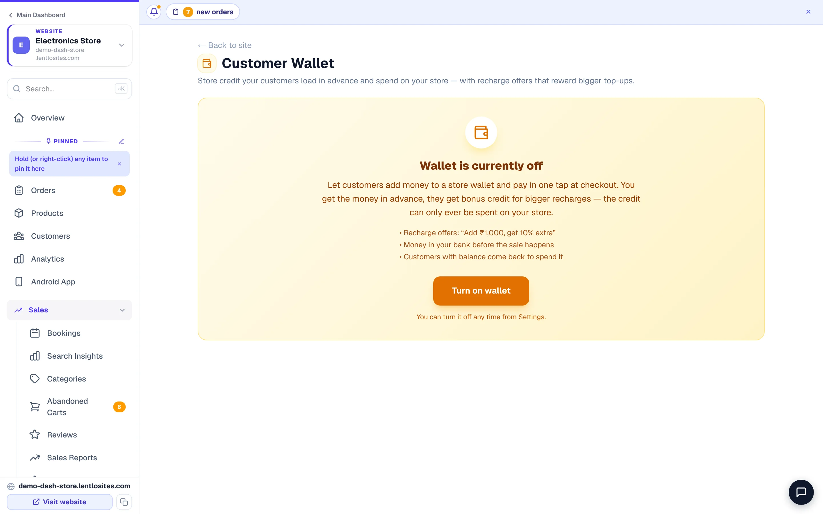 Store credit starts off. Turning it on opens top-ups, offers and the ledger.