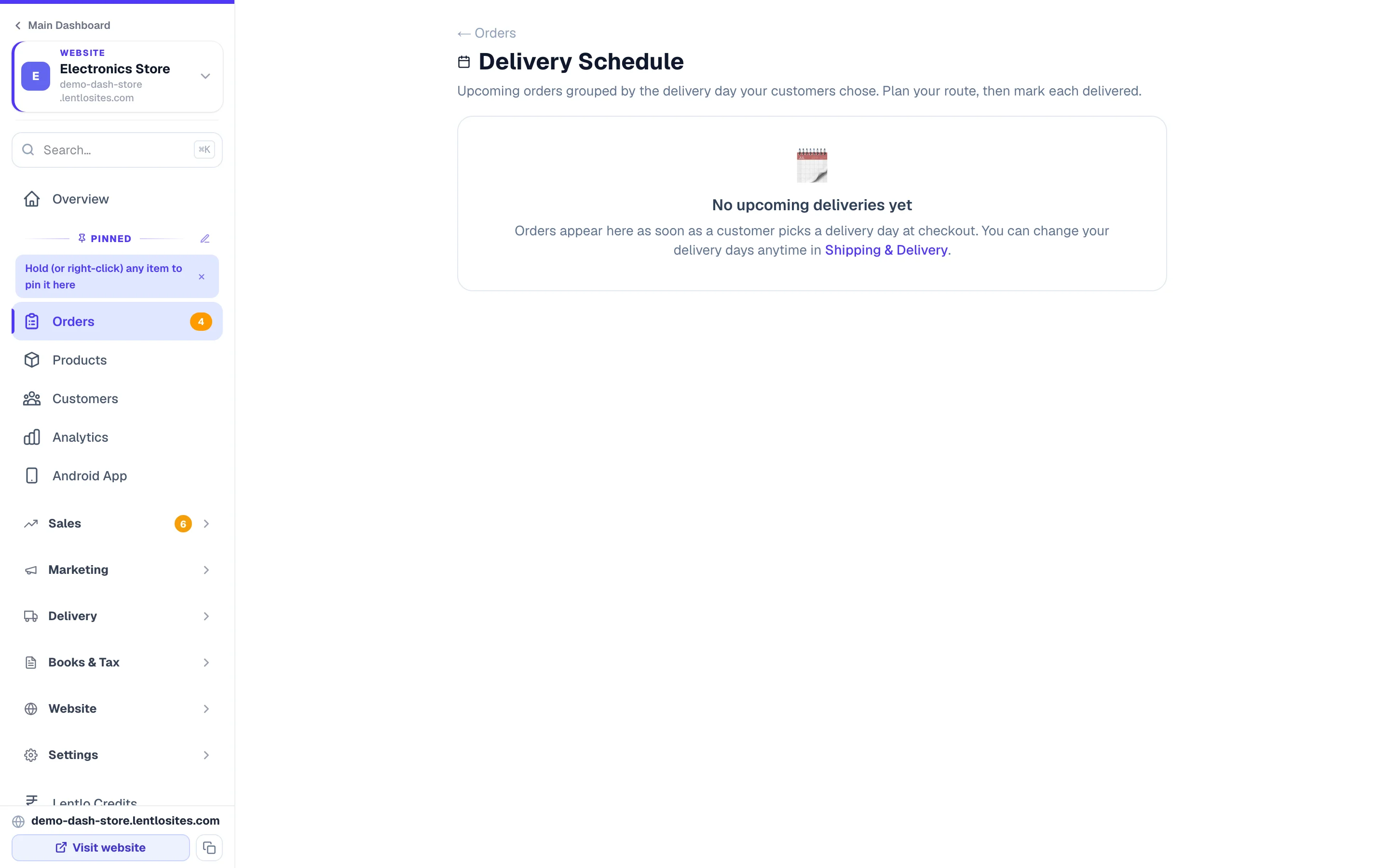 The delivery schedule — orders group themselves under the day each customer picked, in route order.