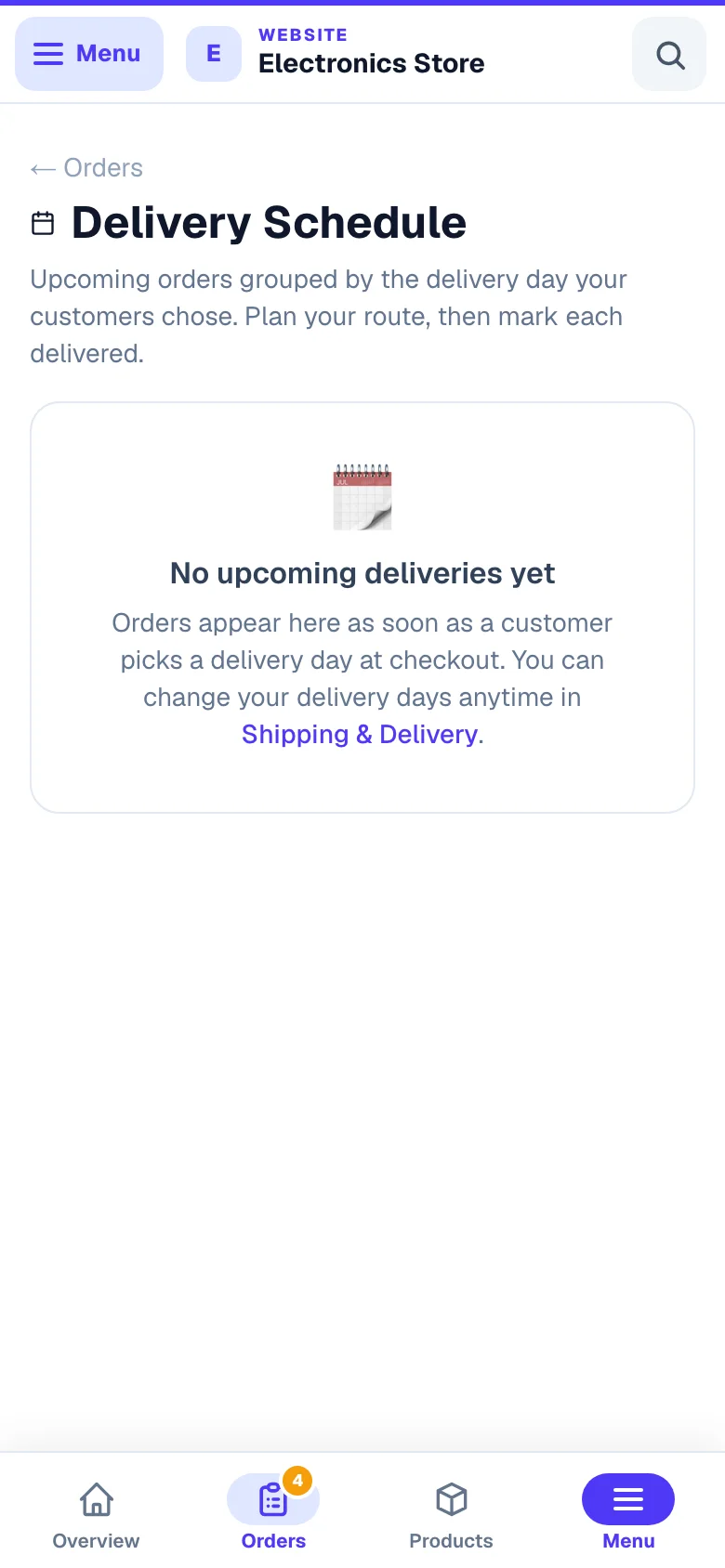 The delivery schedule — orders group themselves under the day each customer picked, in route order. — phone view