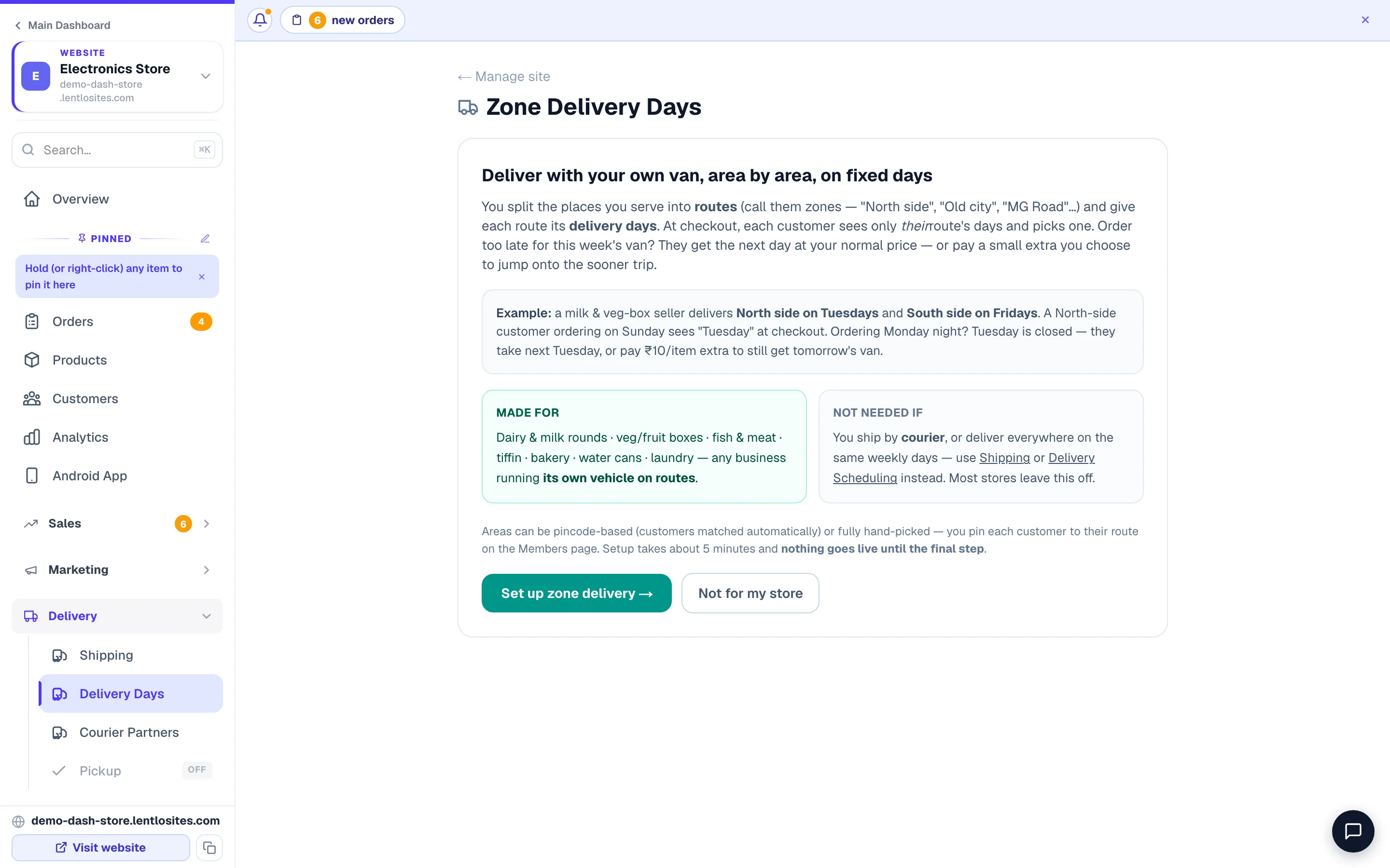 Own-van delivery: areas, and the days you go there.