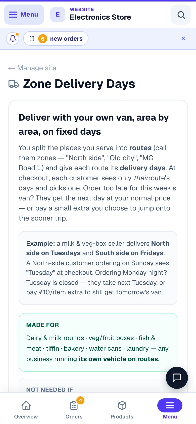 Own-van delivery: areas, and the days you go there. — phone view