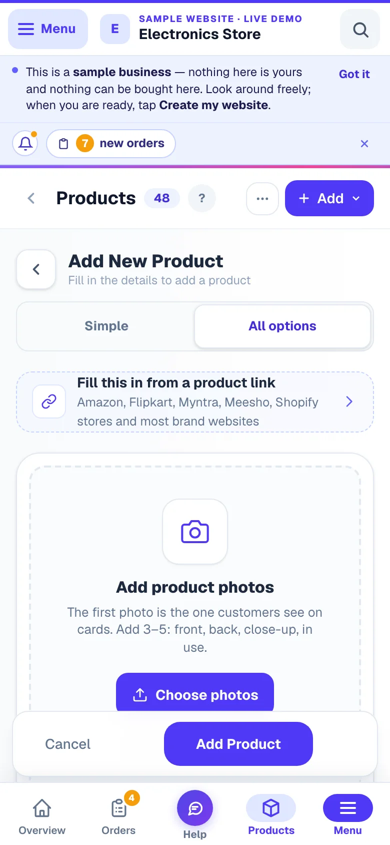 The product form — photos first, then the name, price, stock and categories. — phone view