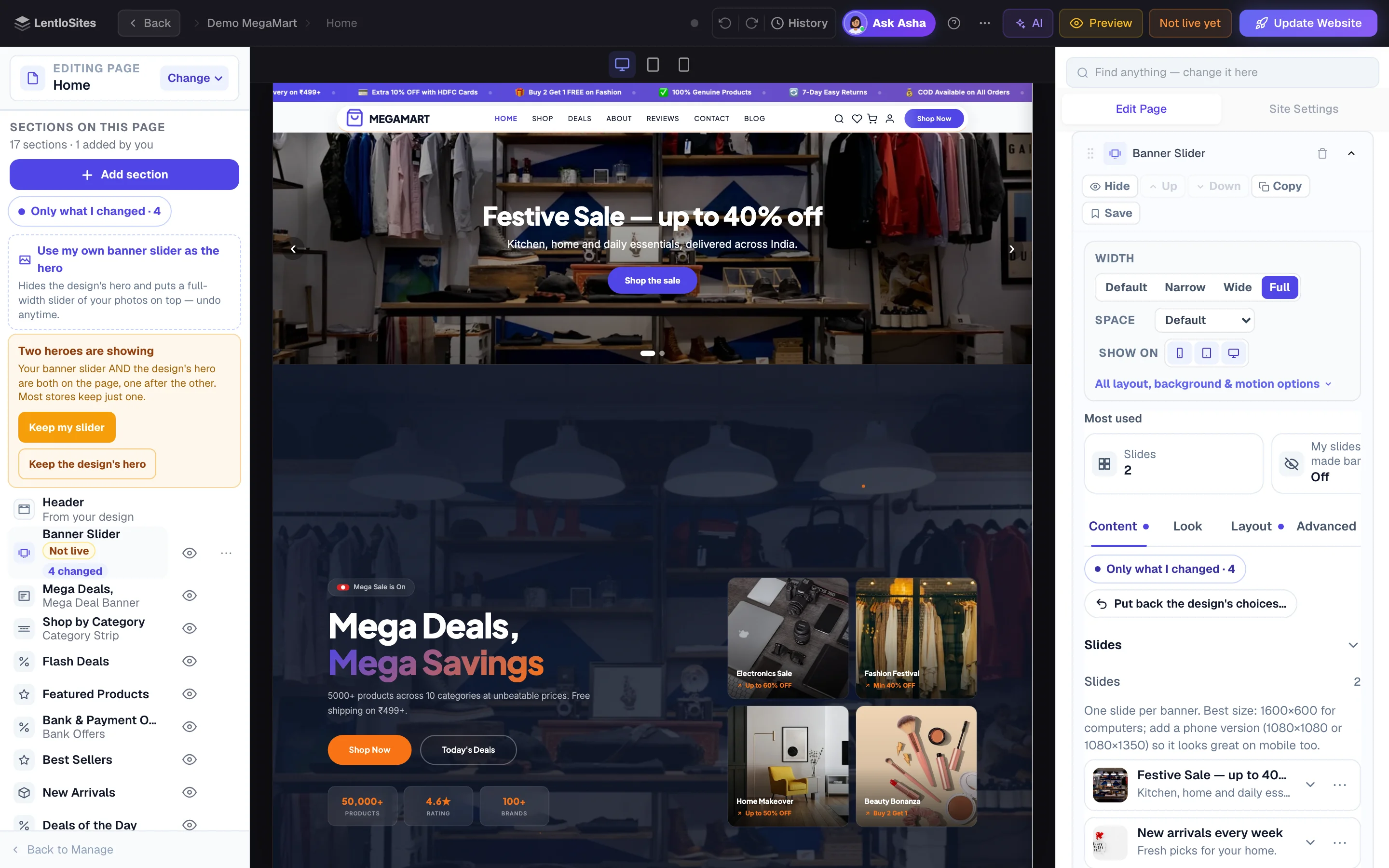The Banner Slider's card on the right — its slides first, then How the slider shows (ready-made banners, follow-the-photo height, change effect, auto-advance) and Arrows & dots.