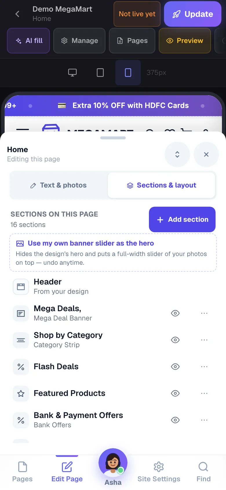 On a phone the editing panel slides up over the preview — drag its handle to any height you like.