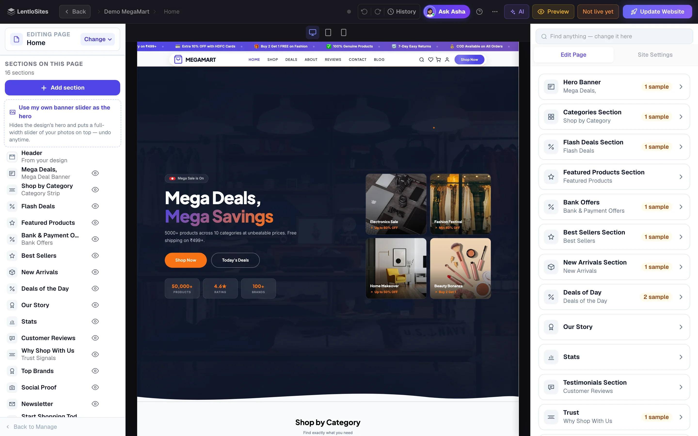 The editor: the page's sections on the left, your live preview in the middle, Edit Page and Site Settings on the right.