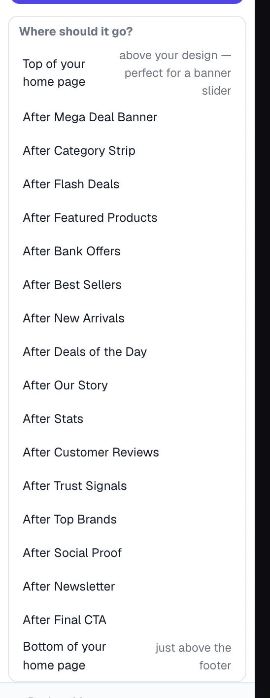 Add section asks where it goes first — top, after any section, or the bottom of the page.