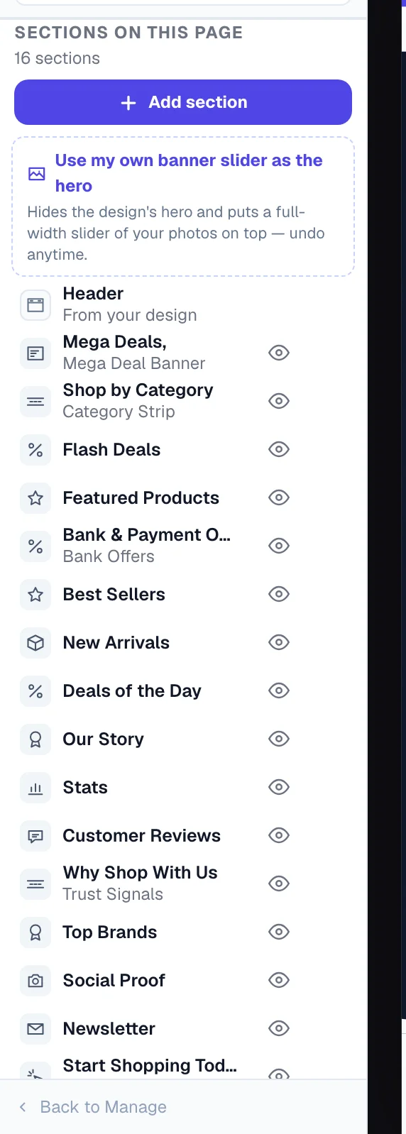 Sections on this page: the whole page as one list — your header, the design's sections, the blocks you added, your footer. Add section sits at the top.