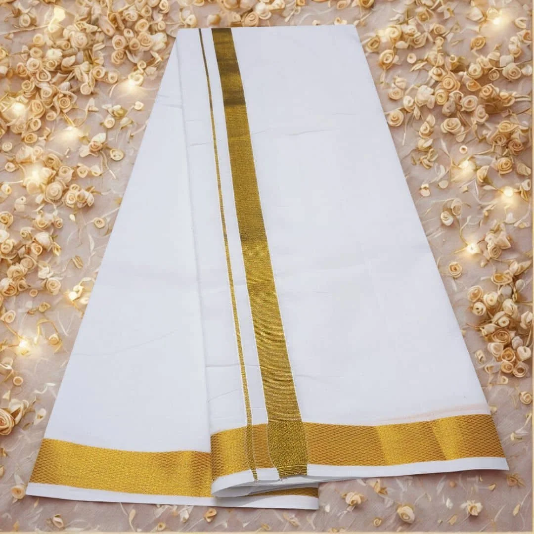 1 Inch Golden Zari Premium Quality White Dhoti 2