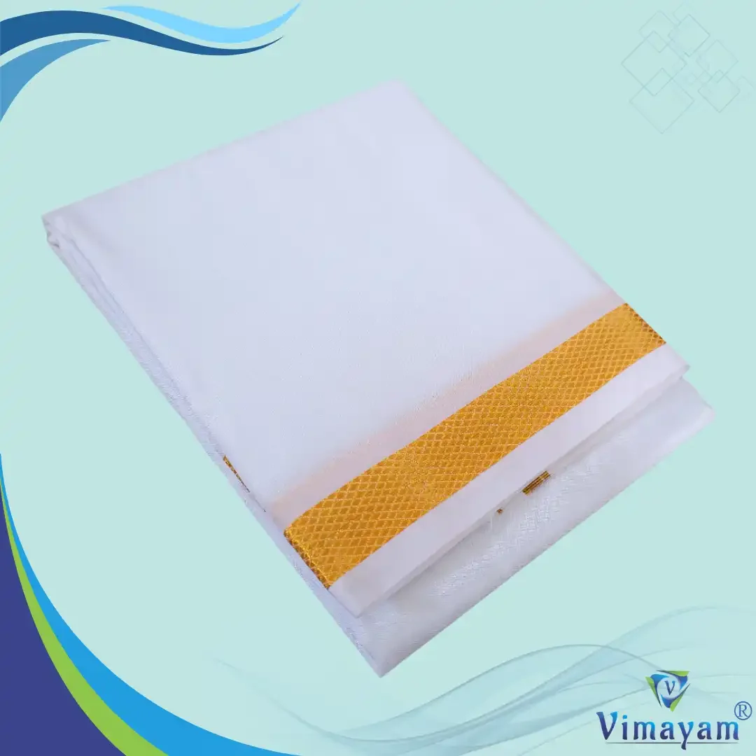 1 inch golden zari premium quality art silk white dhoti