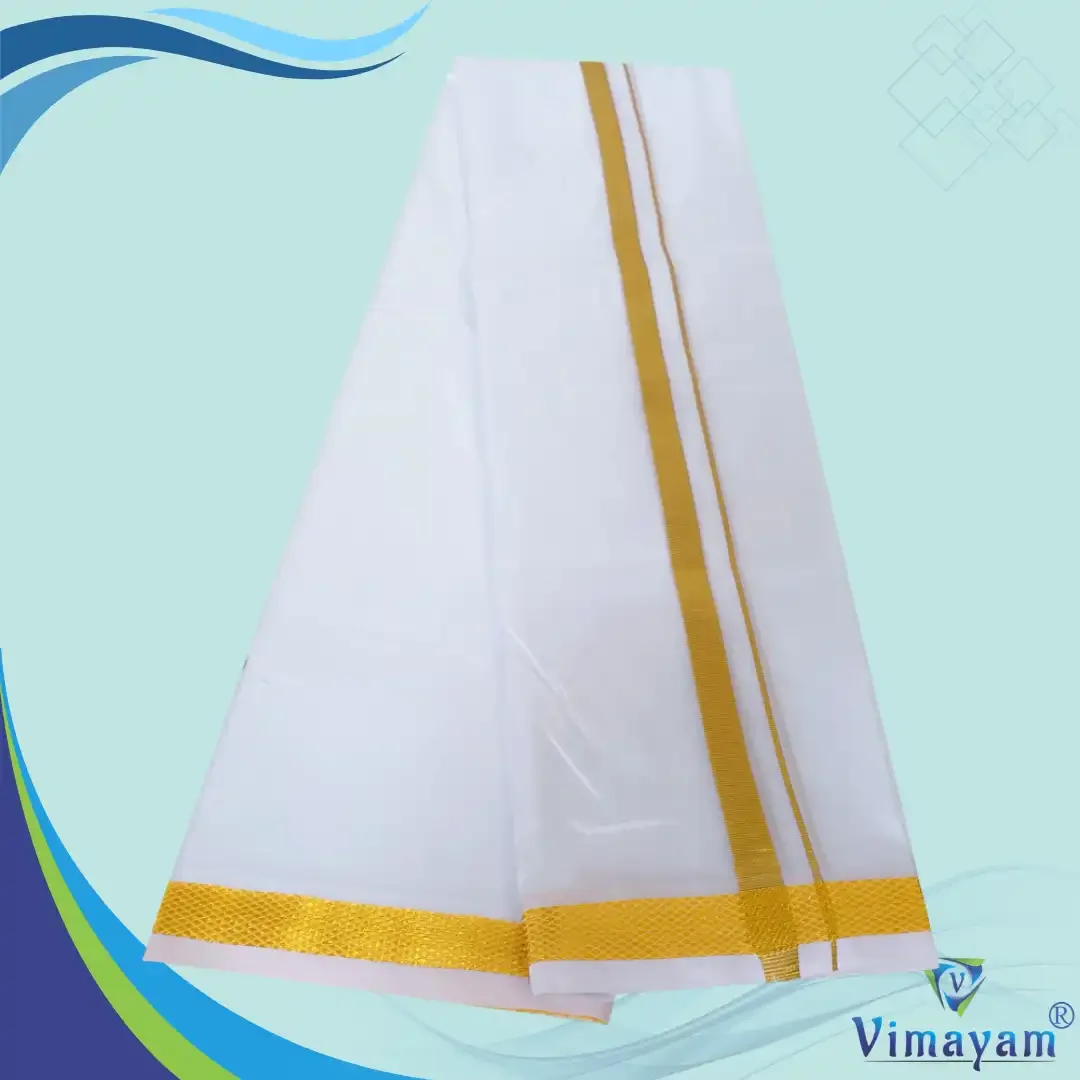 1 inch golden zari premium quality art silk white dhoti 2