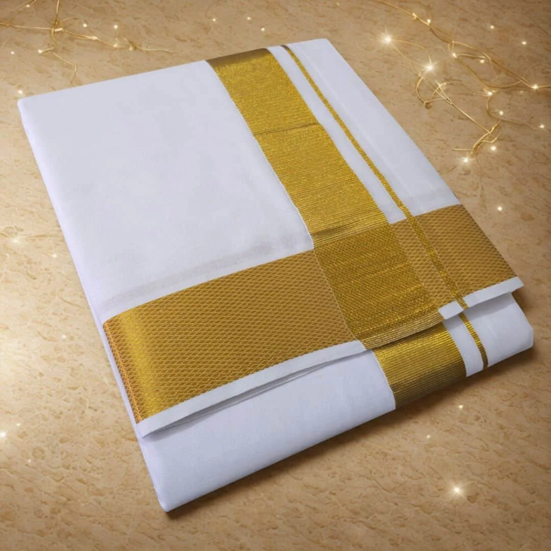 2 Inch Golden Zari Premium Quality White Dhoti
