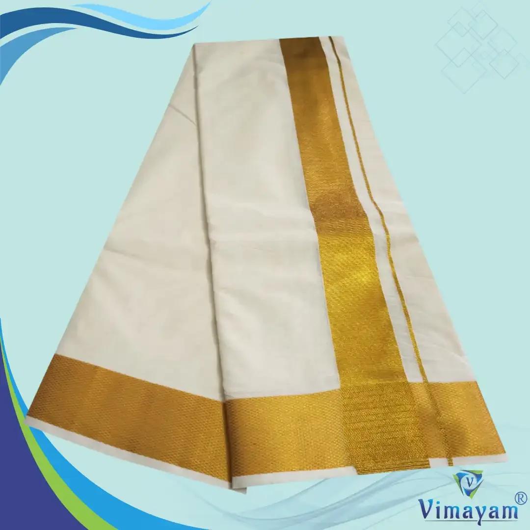 2 Inch Golden Zari Border Half White Premium Quality Dhoti 2