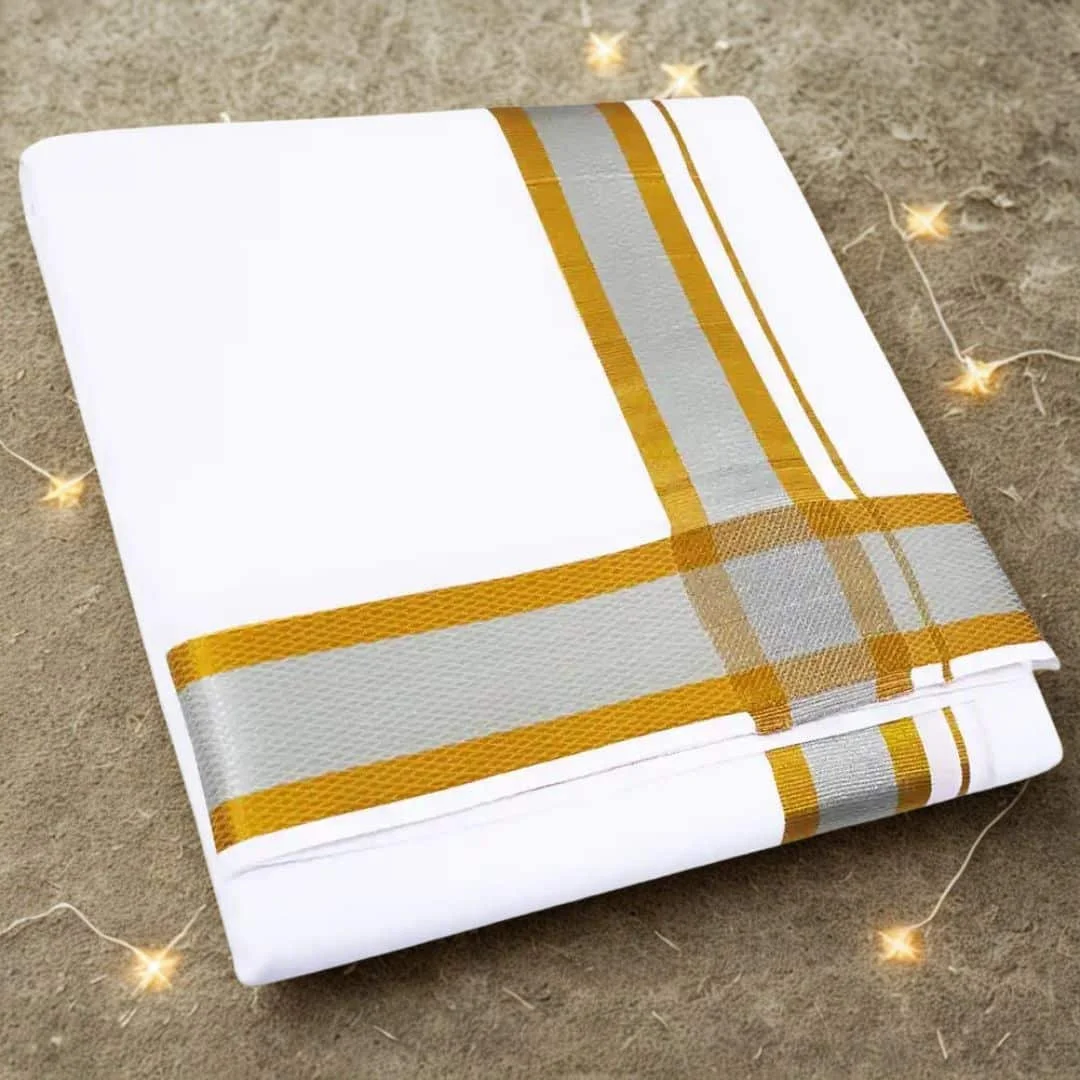 2 Inch Silver Gold Zari White Dhoti