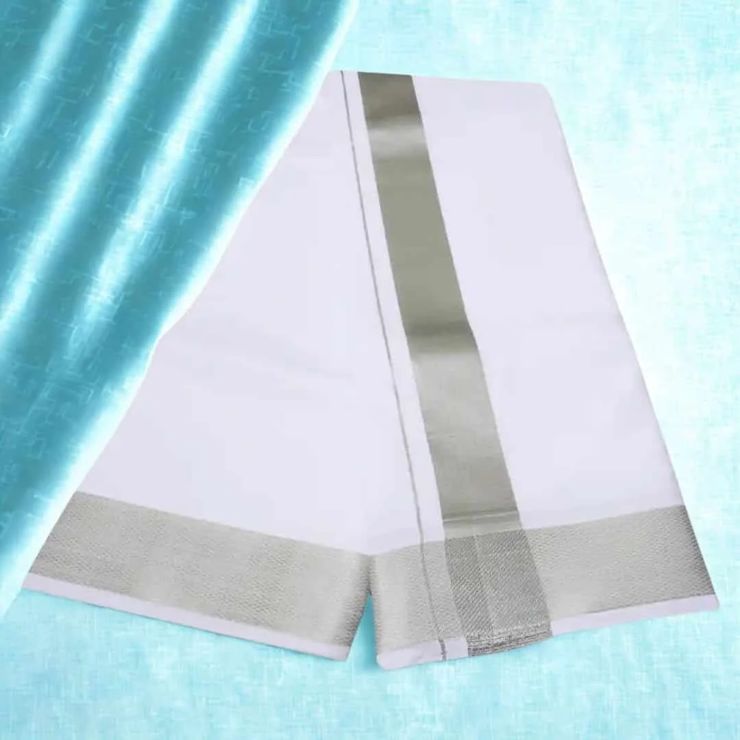 2 Inch Silver Zari Premium Quality White Dhoti 2