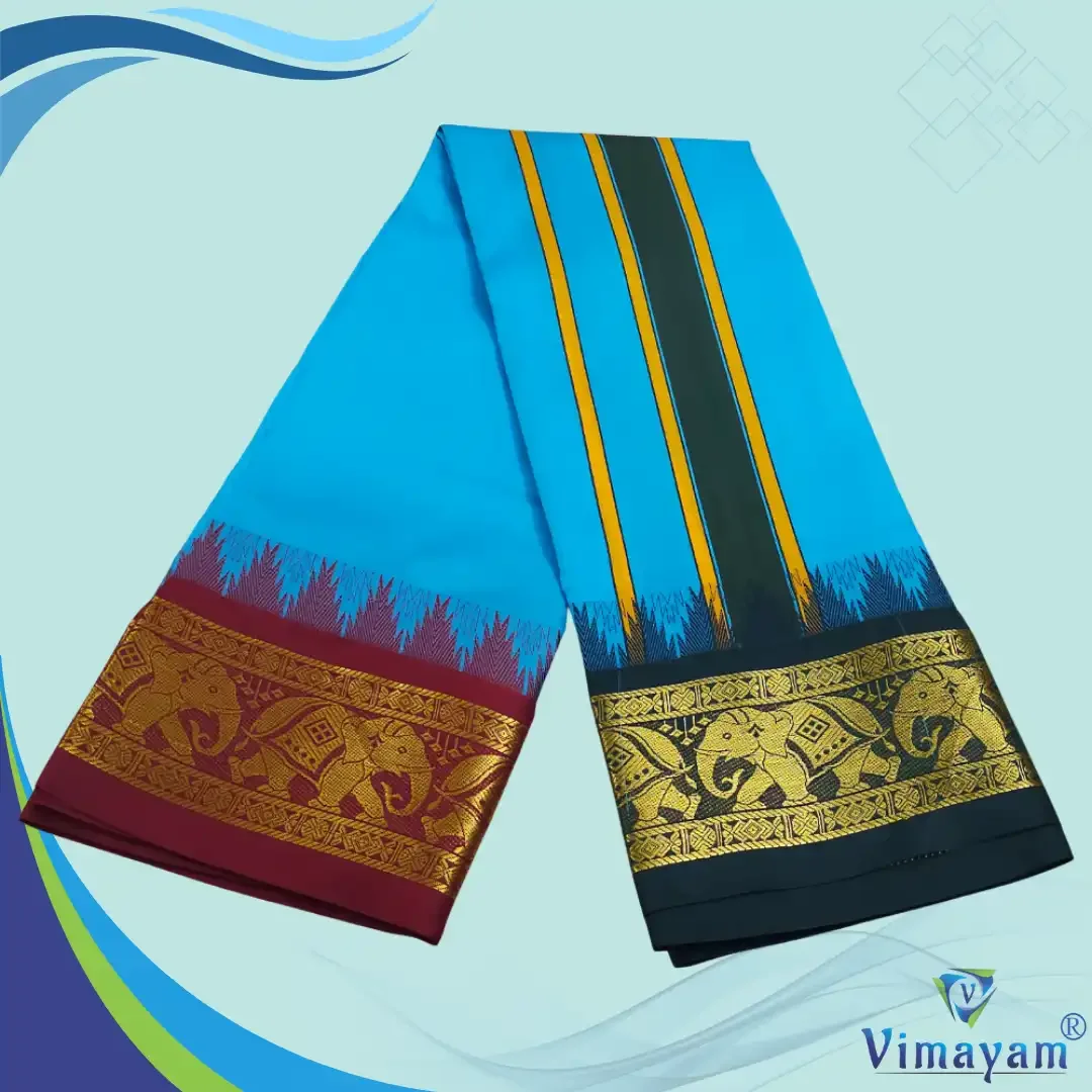 Anandha Blue Color Karishma Soft Silk 7 Inch Border Fine Quality Dhoti 2