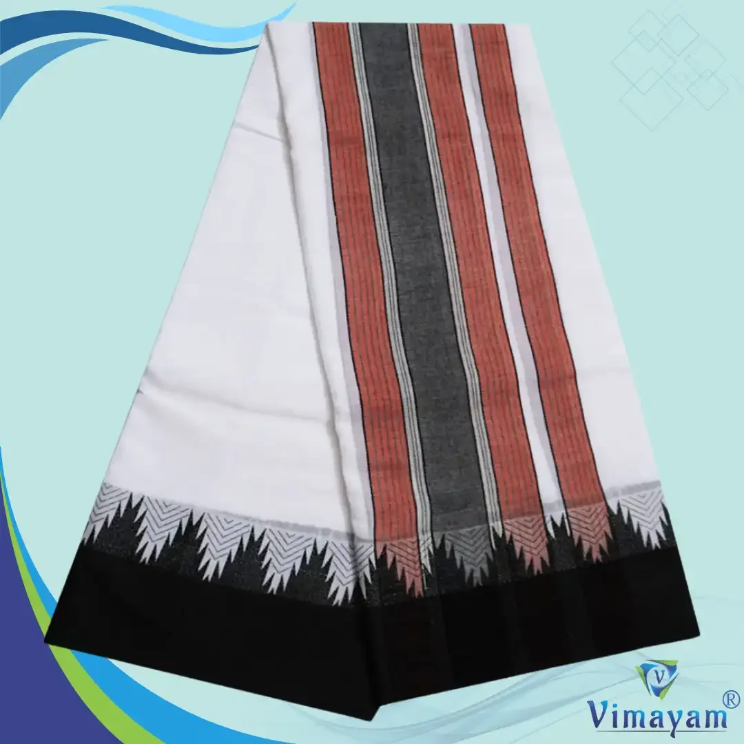 Black Border Vaishnava Pure Cotton White Dhoti with temple Tower Best Quality 2