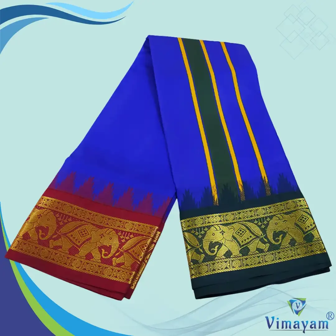 Blue Color Karishma Soft Silk 7 Inch Border Fine Quality Dhoti 2