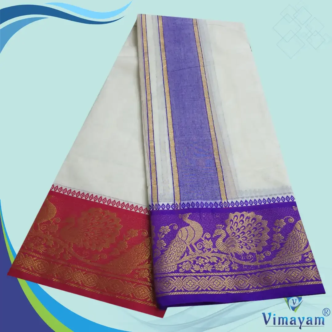 Blue & Contrast Border Half White Best Quality Dhoti(Assorted Designs) 2