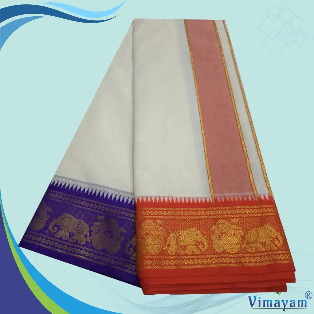Blue & Contrast Border Half White Best Quality Dhoti(Assorted Designs) 2