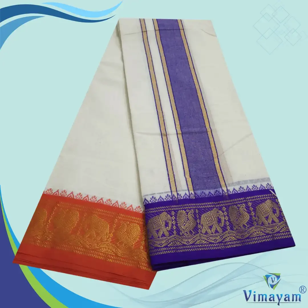 Blue & Contrast Border Half White Best Quality Dhoti(Assorted Designs) 3
