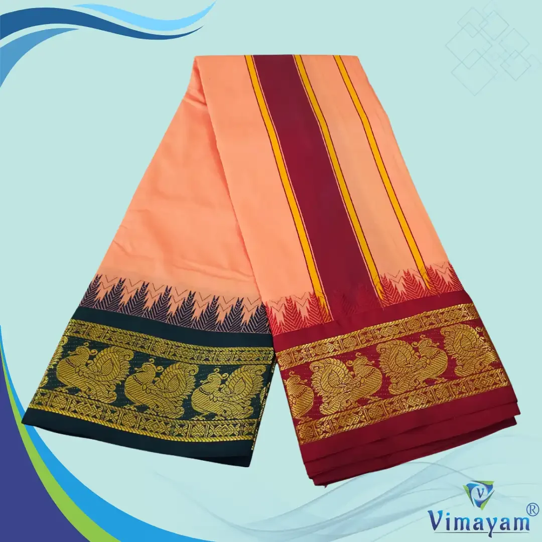 Coral Color Karishma Soft Silk 7 Inch Border Fine Quality Dhoti 2