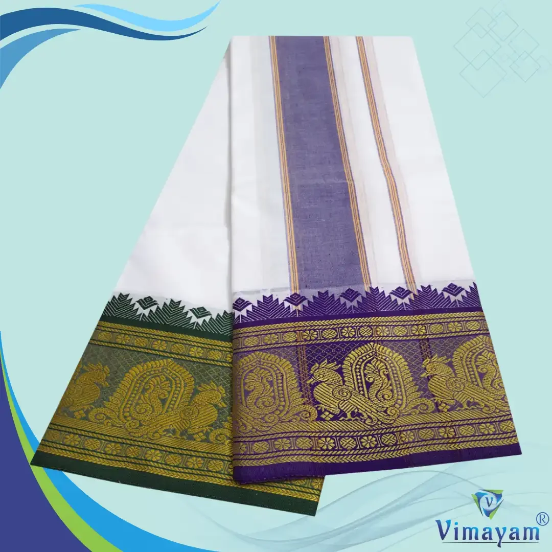 Cotton Dhoti Green and Dark Blue Border 2