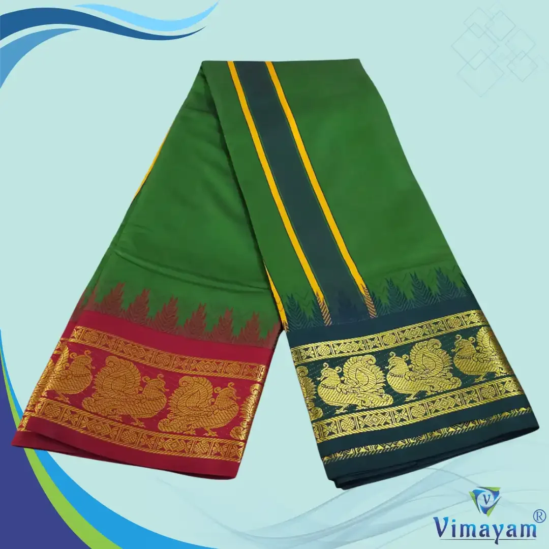 Dark Green Color Karishma Soft Silk 7 Inch Border Fine Quality Dhoti 2