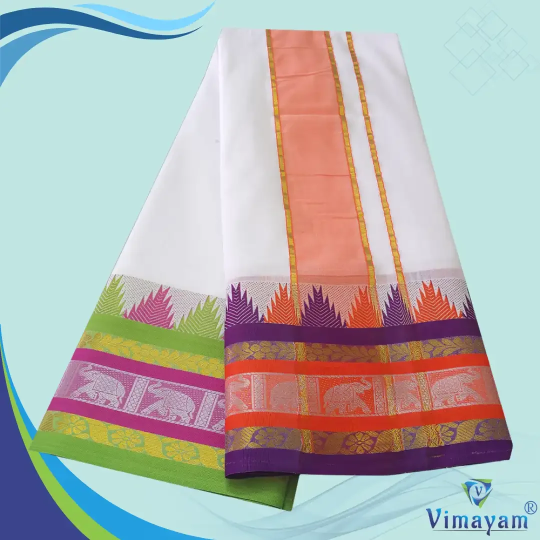 Double Colour Temple Border Premium Quality Cotton Dhoti(Assorted Borders and Colours) 2
