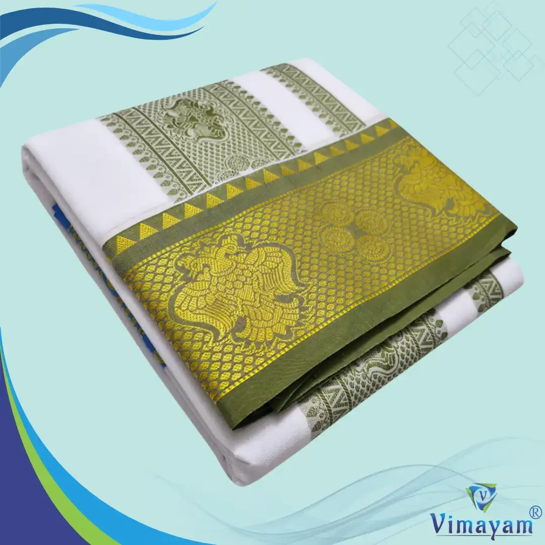 Dual Peacock Design Embose white Premium Quality Cotton Dhoti 9X5