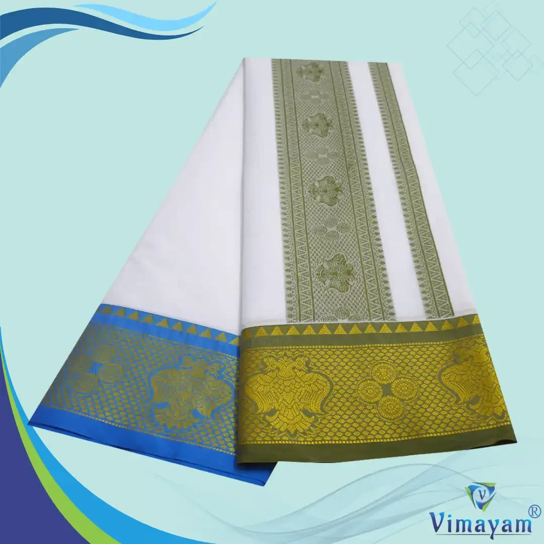 Dual Peacock Design Embose white Premium Quality Cotton Dhoti 9X5 2